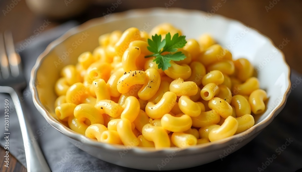A creamy macaroni and cheese dish served in a white bowl, with elbow macaroni pasta coated in a rich, golden cheese sauce A creamy macaroni and cheese dish served in a white bowl, with elbow macaroni pasta coated in a rich, golden cheese sauce