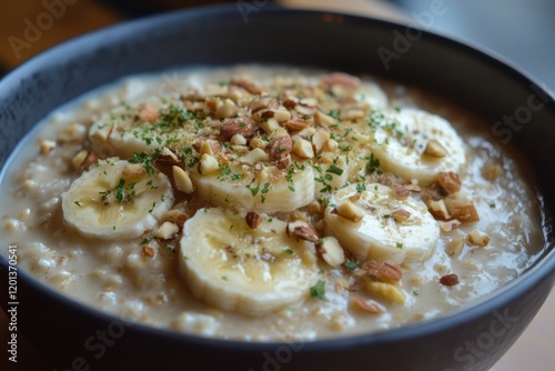 Healthy breakfast bowl with oatmeal, bananas, and nuts on a vibrant blue back...