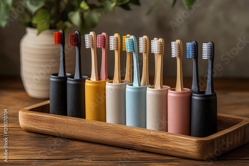 Colorful bamboo toothbrushes arranged neatly on wooden tray with natural back...
