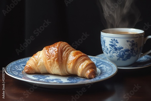 Freshly baked croissant and steaming coffee on a blue floral plate in a cozy ...