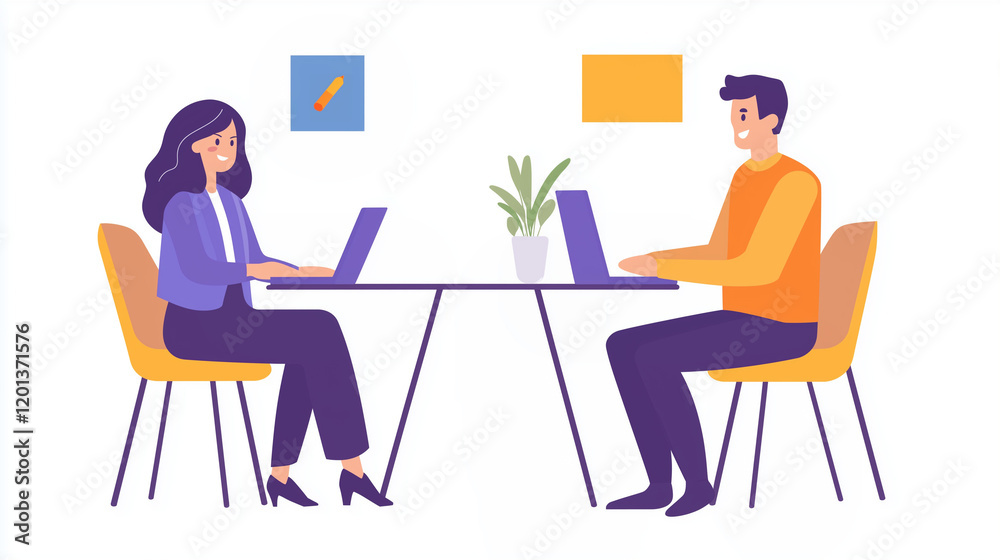 Minimalistic vector illustration of two professionals working at a shared table with laptops and decorative elements, symbolizing teamwork and collaboration in a modern office environment Minimalistic vector illustration of two professionals working at a shared table with laptops and decorative elements, symbolizing teamwork and collaboration in a modern office environment