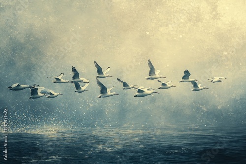 Flock of birds soaring above tranquil ocean during golden hour in serene coas...