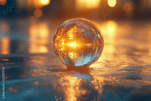 Reflection of warm sunlight captured in a clear glass orb on a wet surface du...
