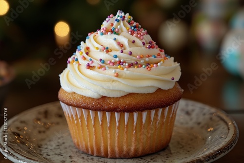 Delicious vanilla cupcake with colorful sprinkles on a festive plate during a...