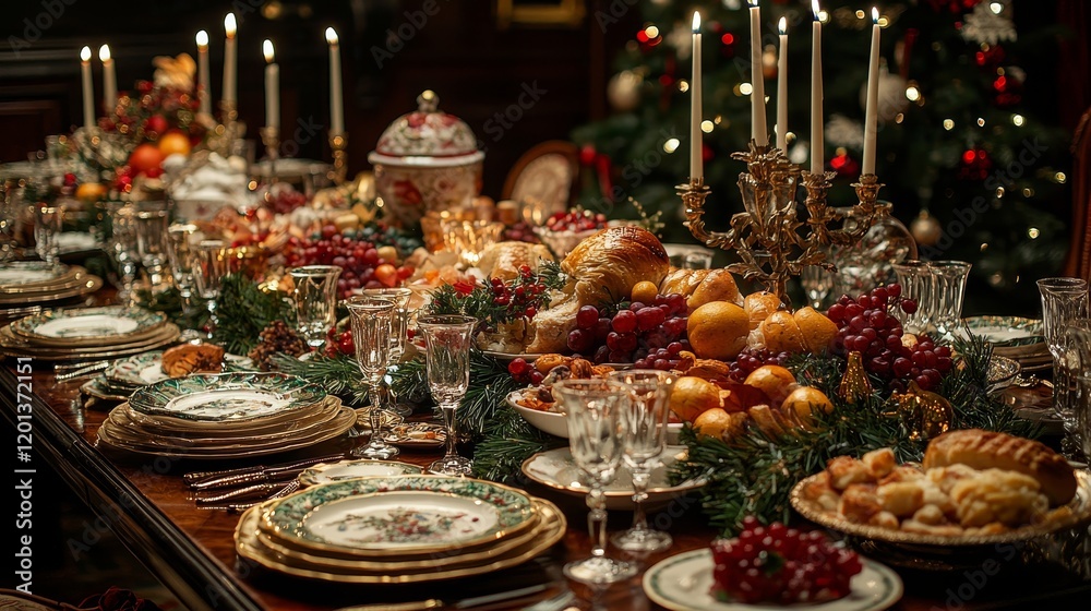 A top-down view of a beautifully arranged Christmas Eve table with a variety of food A top-down view of a beautifully arranged Christmas Eve table with a variety of food