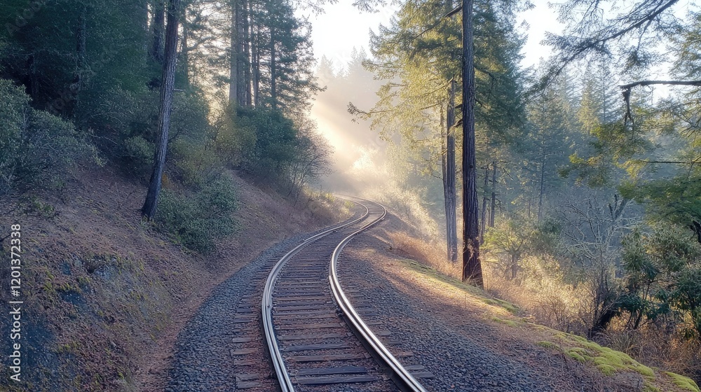 Fototapeta premium Railway tracks curving gently through a misty forest, surrounded by tall trees and early morning fog, creating a serene atmosphere
