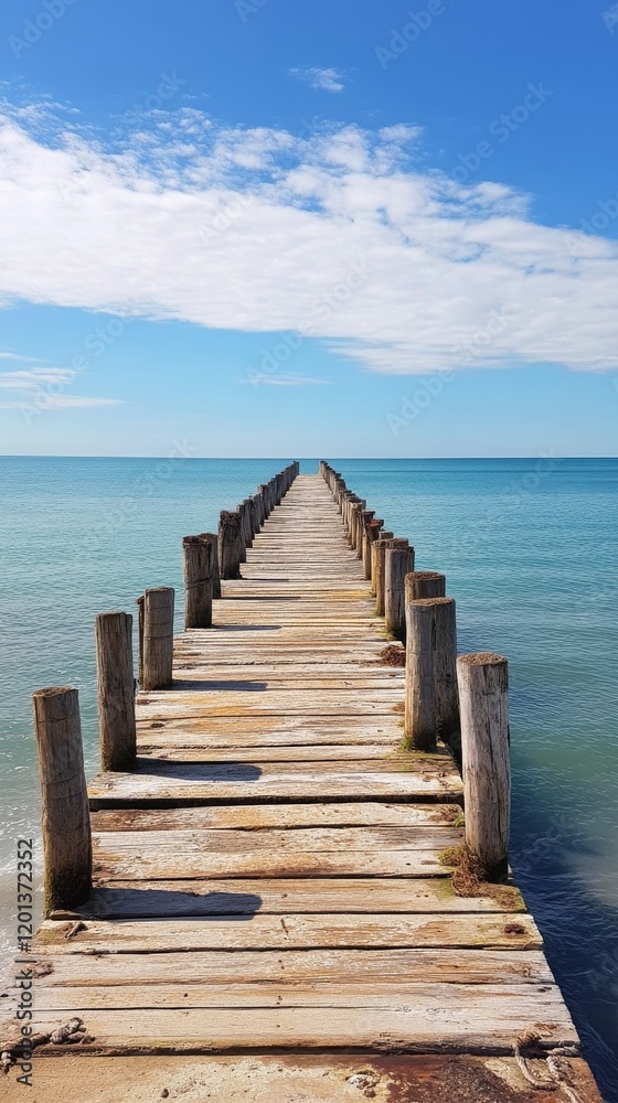 Obraz premium Scenic wooden pier extending into tranquil ocean under clear blue sky