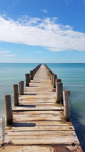 Scenic wooden pier extending into tranquil ocean under clear blue sky