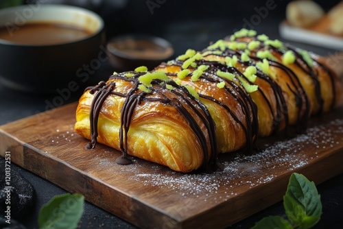 Delicious pastry rolls with creamy filling and chocolate drizzle on a wooden ...