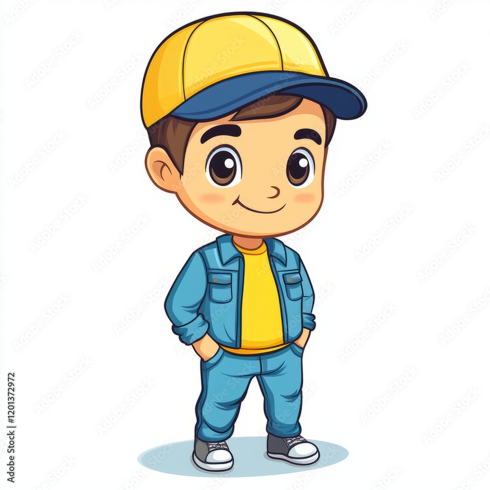 A Cute Cartoon Boy Wearing Denim And A Yellow Cap A Cute Cartoon Boy Wearing Denim And A Yellow Cap
