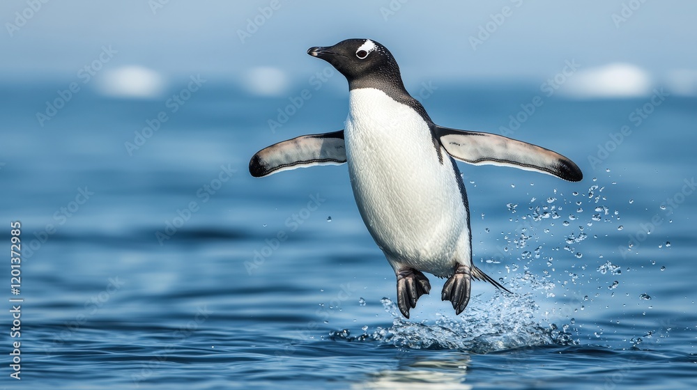 Fototapeta premium Penguin jumping in the ocean antarctica wildlife photography natural environment close-up view animal behavior