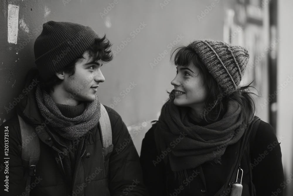 Young couple enjoying conversation outdoors in winter, wrapped in cozy scarves and hats Young couple enjoying conversation outdoors in winter, wrapped in cozy scarves and hats