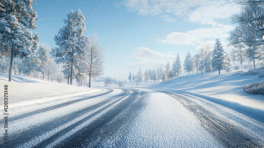 Fototapeta premium Winter Wonderland Road: A Serene Snowy Drive