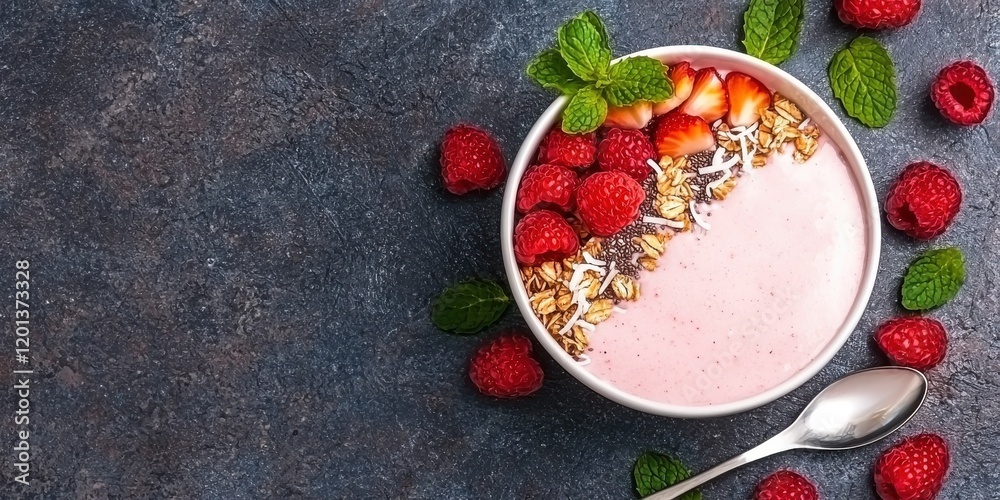 Refreshing smoothie bowl with raspberries healthy breakfast kitchen close-up vibrant colors Refreshing smoothie bowl with raspberries healthy breakfast kitchen close-up vibrant colors