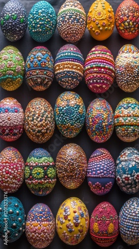 Colorful hand-painted eggs displayed on a neutral background for spring celeb...