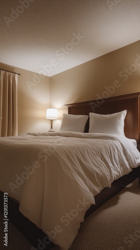 Modern bedroom with warm lighting featuring a cozy bed and soft decor for rel...
