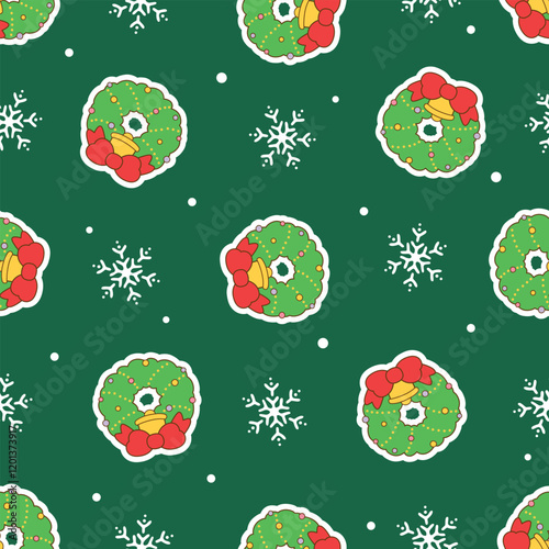 The Christmas Wreath and Snowflake seamless pattern design for background, wallpaper, textile design, fabric, card, wrapping paper, notebook, diary cover, blanket, blanket for kids, decorative 