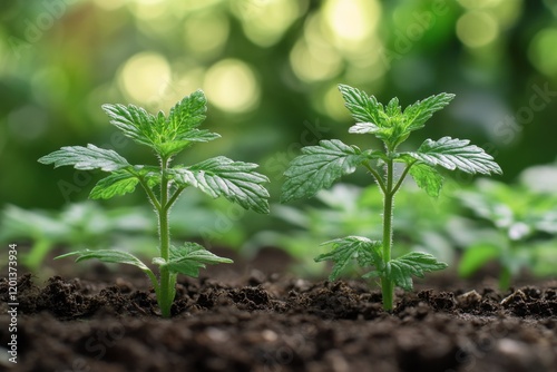Young plants growing in rich soil under bright sunlight in a lush garden