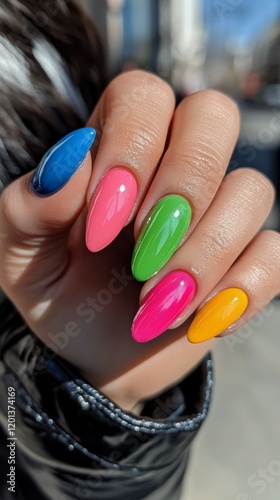 Vibrant multicolored nail art showcasing a creative design with bright hues o...