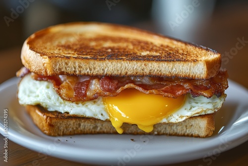 Delicious breakfast sandwich with crispy bacon, fried egg, and cheddar cheese...