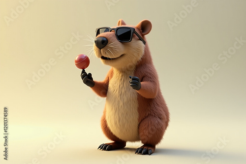 A fashionable capybara wearing sunglasses while holding a ball, looking chic and quirky against a soft beige background.  3d illustration, wallpaper photo