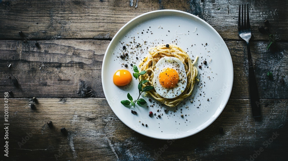 Spaghetti carbonara served on a white plate with egg yolk, parmesan shavings, and black pepper, set on a wooden table Spaghetti carbonara served on a white plate with egg yolk, parmesan shavings, and black pepper, set on a wooden table