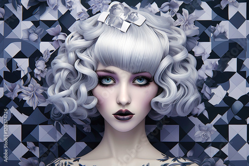 Woman Looking like a Doll with White Hair. Generative AI, non-existent person.	
