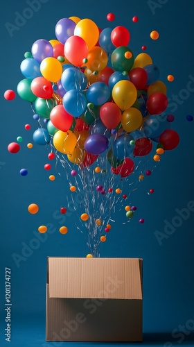 Colorful balloons burst from an open cardboard box creating a festive atmosph...