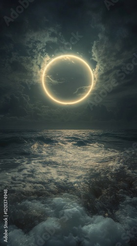 Mysterious illuminated ring over calm ocean waters at twilight