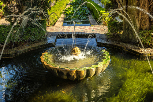 The Generalife Palace at the Alhambra complex in Granada town, Andalusia, Spain. Serene garden fountain with cascading water and lush greenery. Tranquil outdoor scene.
