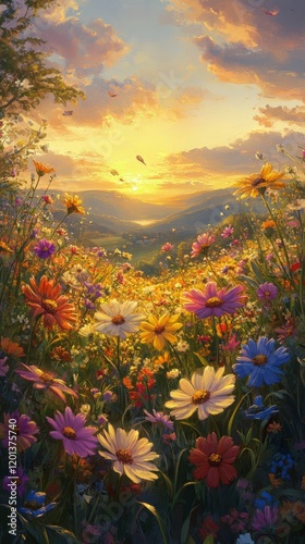 Colorful wildflower field at sunset over rolling hills with vibrant blooms