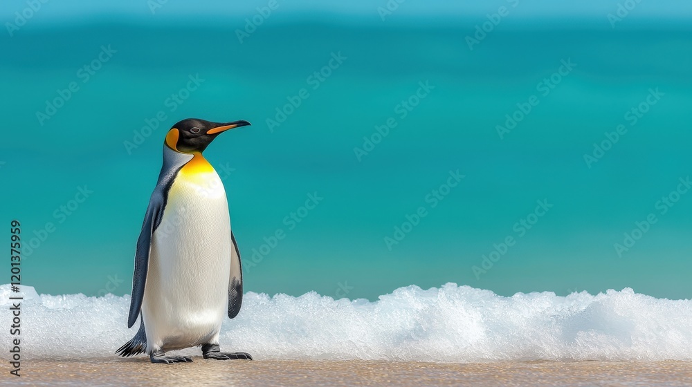 Naklejka premium King penguin on sandy beach coastal wildlife scene vibrant ocean environment nature photography