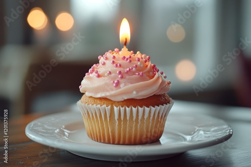 Delicious cupcake with candle glowing on top, celebrating a special occasion ...