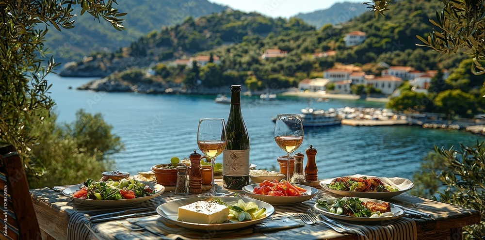 Fototapeta premium Overlooking the sea, the summer terrace in the hotel room has a table for two that includes snacks and drinks