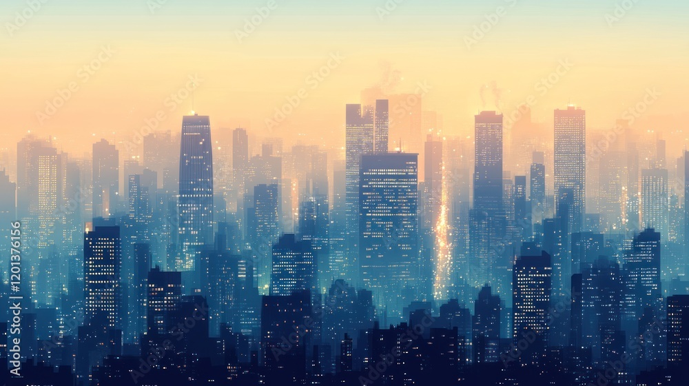 Fototapeta premium Misty city skyline at sunrise. (1)