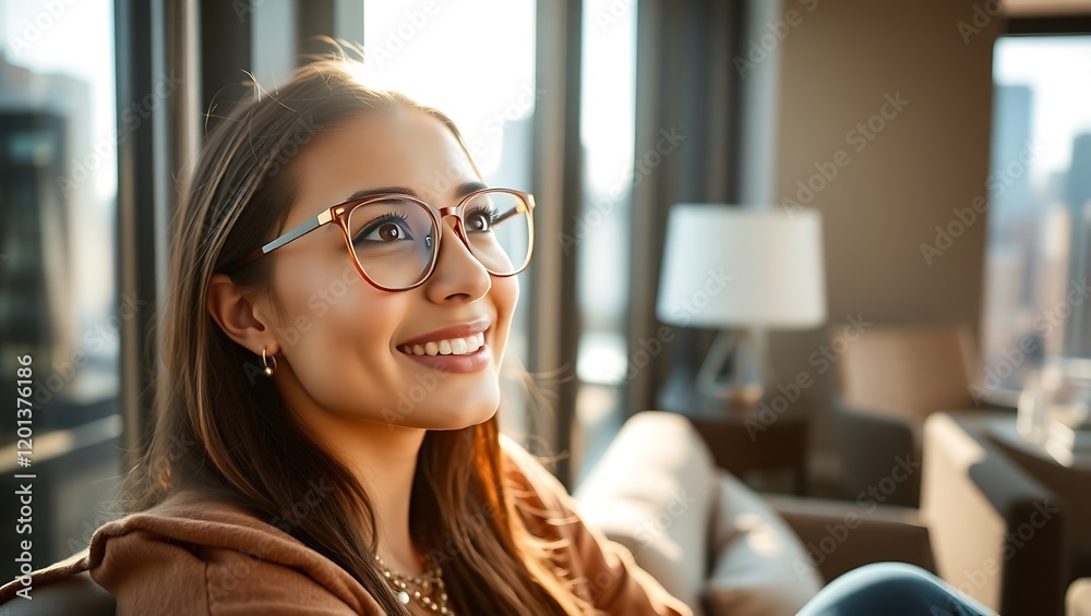 Cozy Elegance: Young Woman in Stylish Glasses by a City Window Cozy Elegance: Young Woman in Stylish Glasses by a City Window