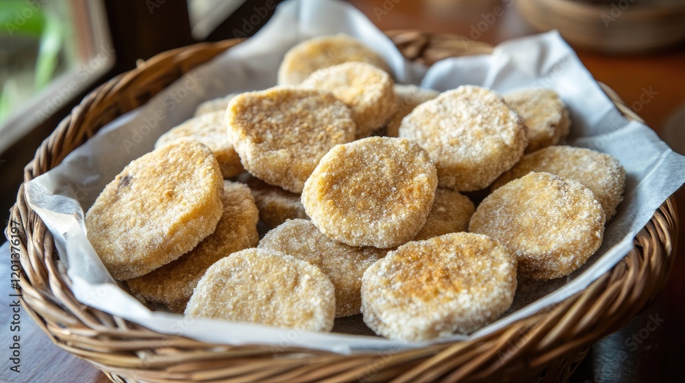 Top view of fried chicken pieces with a golden brown crust, arranged on a parchment-lined basket for a rustic presentation Top view of fried chicken pieces with a golden brown crust, arranged on a parchment-lined basket for a rustic presentation