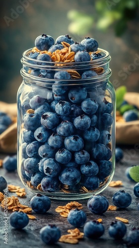 Fresh blueberries and granola in a jar on a wooden surface with green foliage...