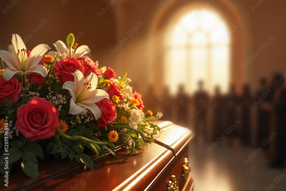 Obraz premium A closed wooden coffin at a funeral service lit by sun rays and adorned with fresh flowers as mourners gather in quiet reflection, honoring a lost loved one. Announcement template. Copy space