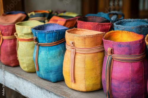 Vibrant handmade leather backpacks displayed at a market in Mexico