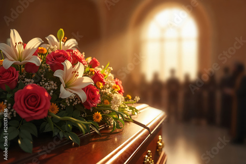 A closed wooden coffin at a funeral service lit by sun rays and adorned with fresh flowers as mourners gather in quiet reflection, honoring a lost loved one. Announcement template. Copy space photo