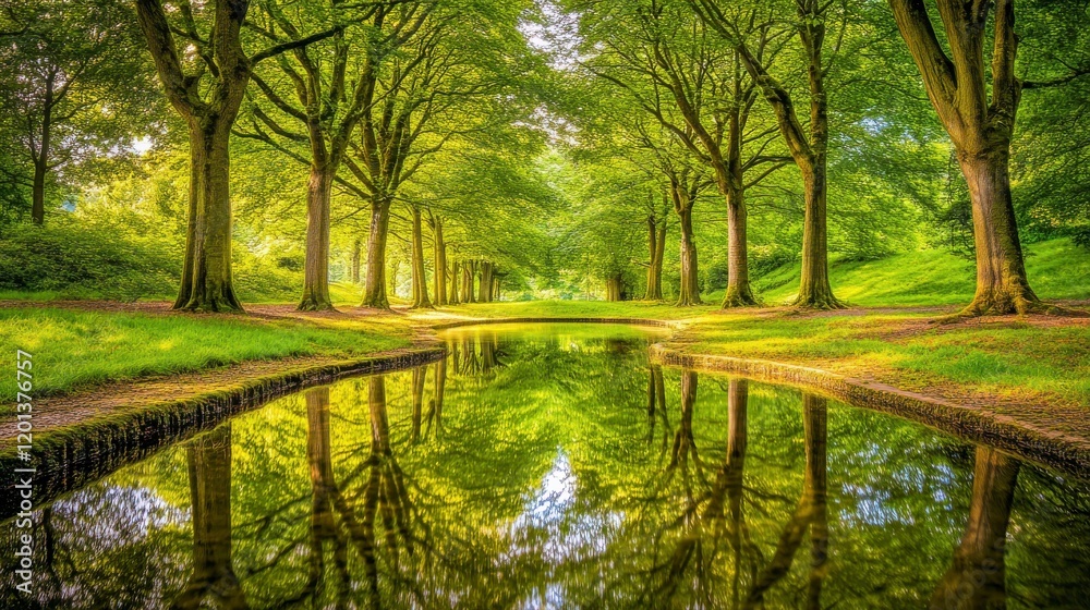 Serene Forest Scene with Reflective Water: A Tranquil Oasis of Nature's Majesty Serene Forest Scene with Reflective Water: A Tranquil Oasis of Nature's Majesty