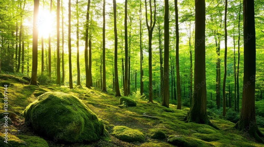 Obraz premium Serene Woodland Scene: Sunlit Forest Path with Lush Greenery and Mossy Floor