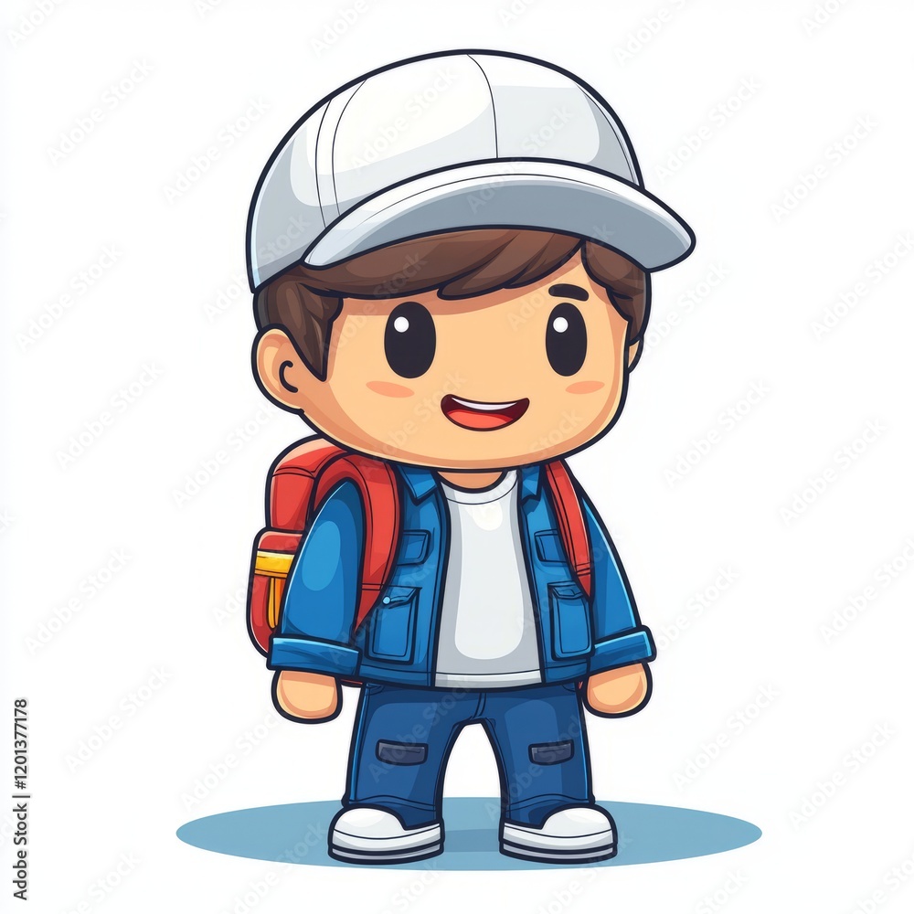 Happy Boy Wearing Denim Jacket Backpack And Cap Happy Boy Wearing Denim Jacket Backpack And Cap