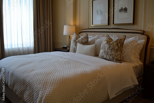 Cozy hotel room featuring a large bed and warm wooden accents at a relaxing g...