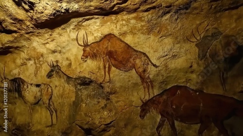 Ancient Cave Art Depicting Animals on Rocky Surface with Warm Tones and Detailed Lines photo