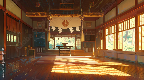 Serene interior of a traditional Japanese shrine with sunlight streaming through windows, peaceful ambiance