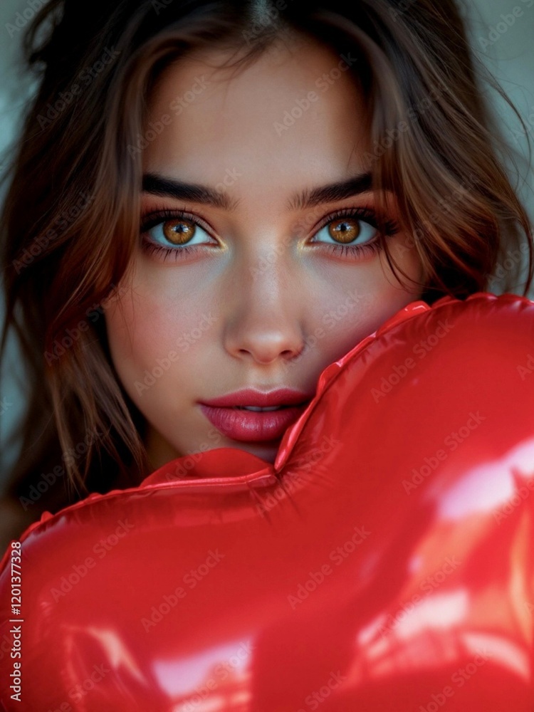Close-up of a brunette woman with hazel eyes holding a shiny red heart balloon. Romantic and soft ambiance, perfect for Valentine's Day themes. Close-up of a brunette woman with hazel eyes holding a shiny red heart balloon. Romantic and soft ambiance, perfect for Valentine's Day themes.