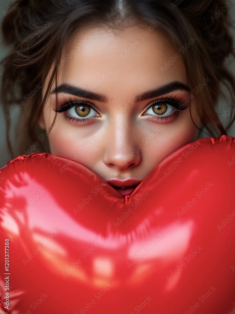 Brunette woman gazing over a glossy red heart balloon. Bold and captivating look with a romantic and mysterious vibe. Brunette woman gazing over a glossy red heart balloon. Bold and captivating look with a romantic and mysterious vibe.