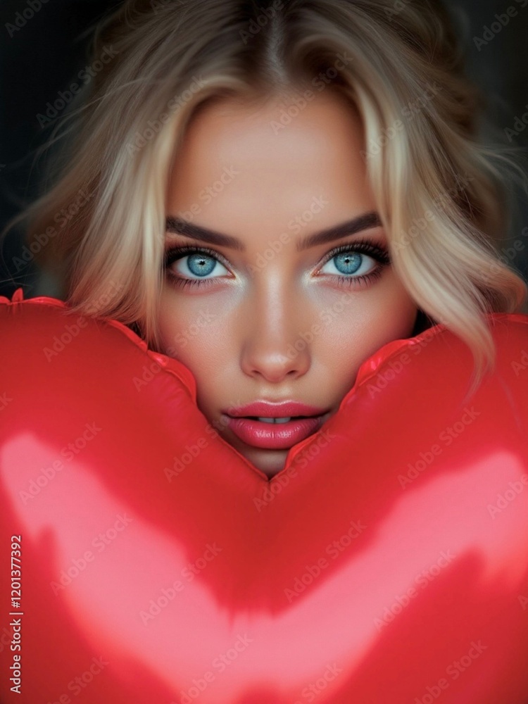 Close-up of a blonde woman with piercing blue eyes peeking over a shiny red heart balloon. Intimate and captivating Valentine's Day theme. Close-up of a blonde woman with piercing blue eyes peeking over a shiny red heart balloon. Intimate and captivating Valentine's Day theme.